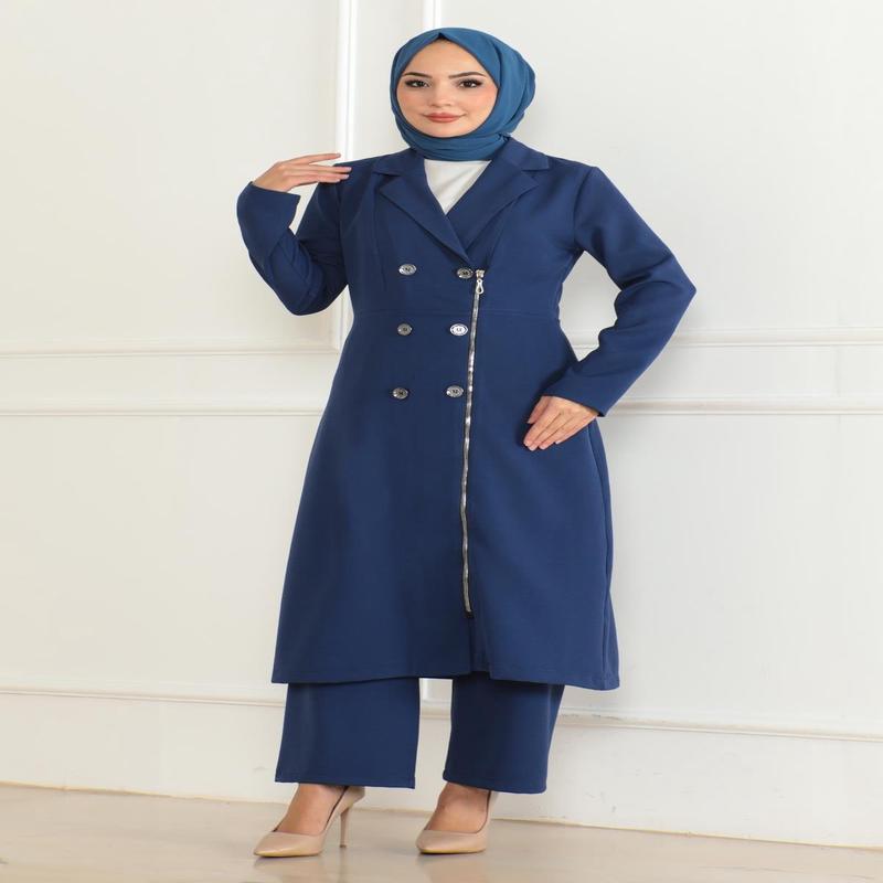 Button Detailed Zippered Suit Indigo Msw19219-2