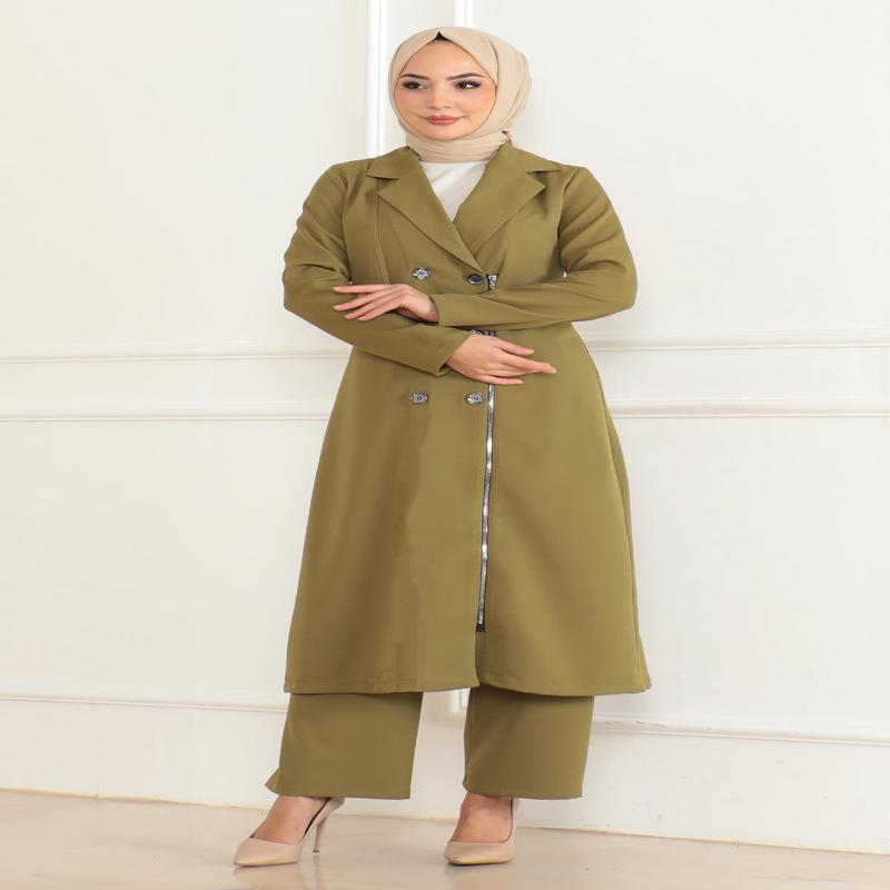 Button Detailed Zippered Suit Khaki Msw19219-4