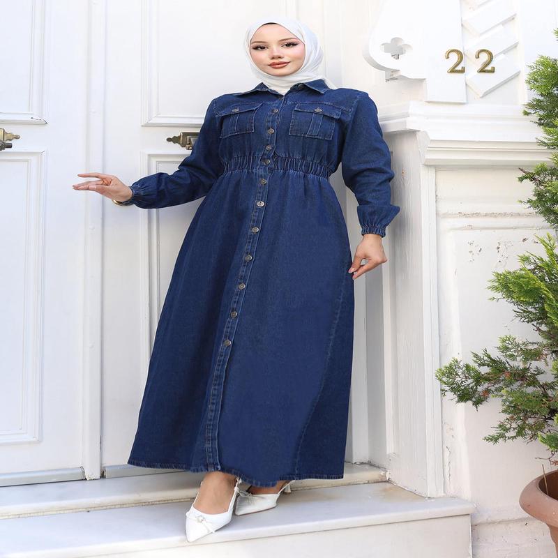Elastic Waist Denim Abaya Dark Blue Msw19228-2
