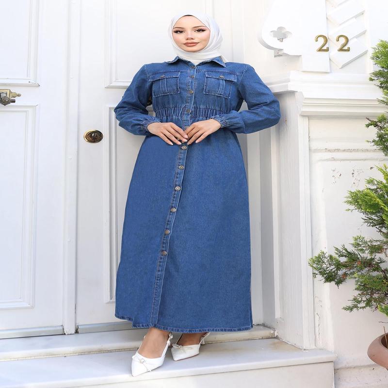 Elastic Waist Denim Abaya Light Blue Msw19228-1