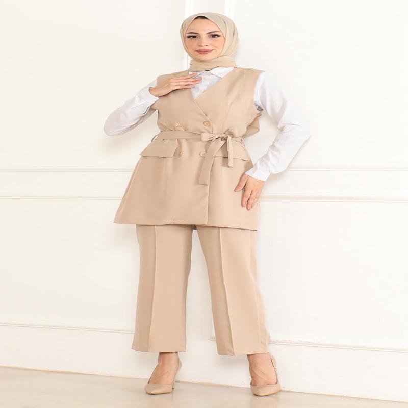 Belt Detailed Two-Piece Suit Beige 19232