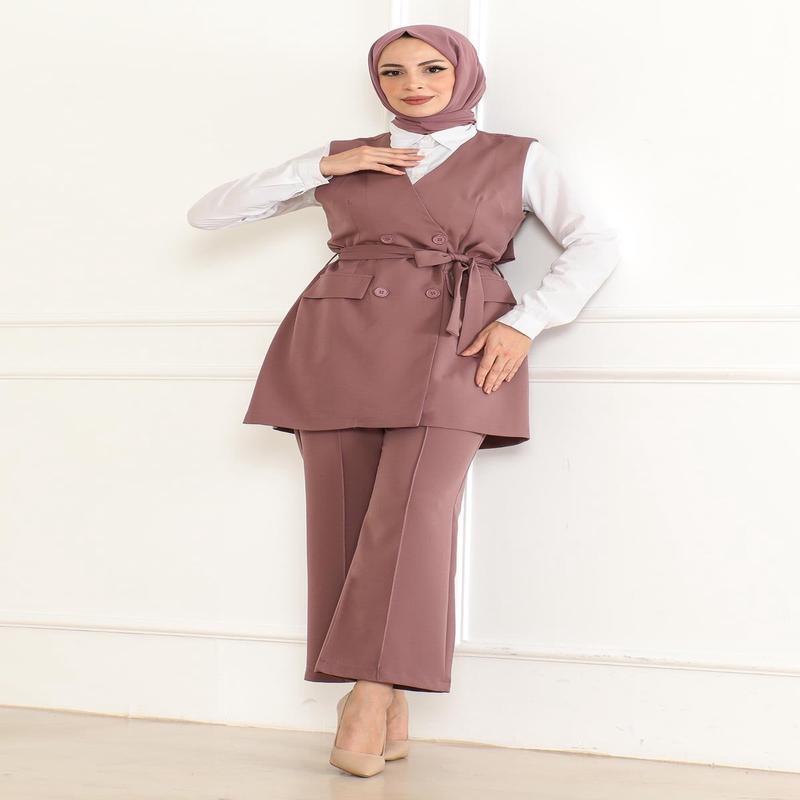 Belt Detailed Two-Piece Suit Dusty Rose 19232