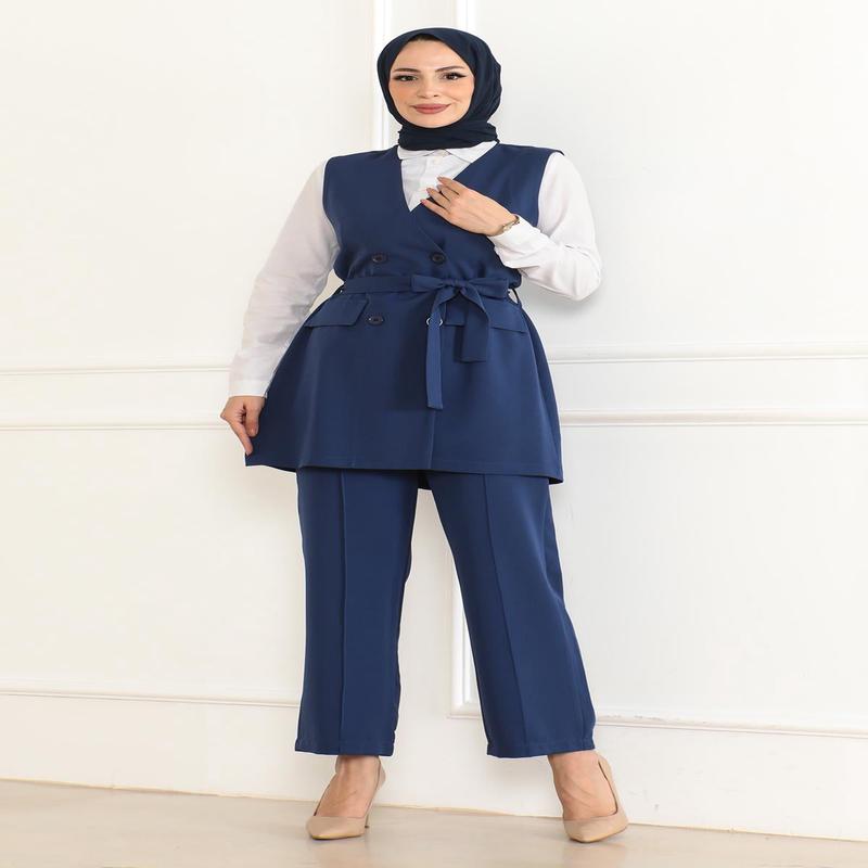 Belt Detailed Two-Piece Suit Indigo 19232