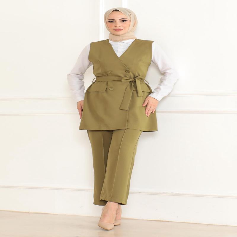 Belt Detailed Two-Piece Suit Khaki 19232