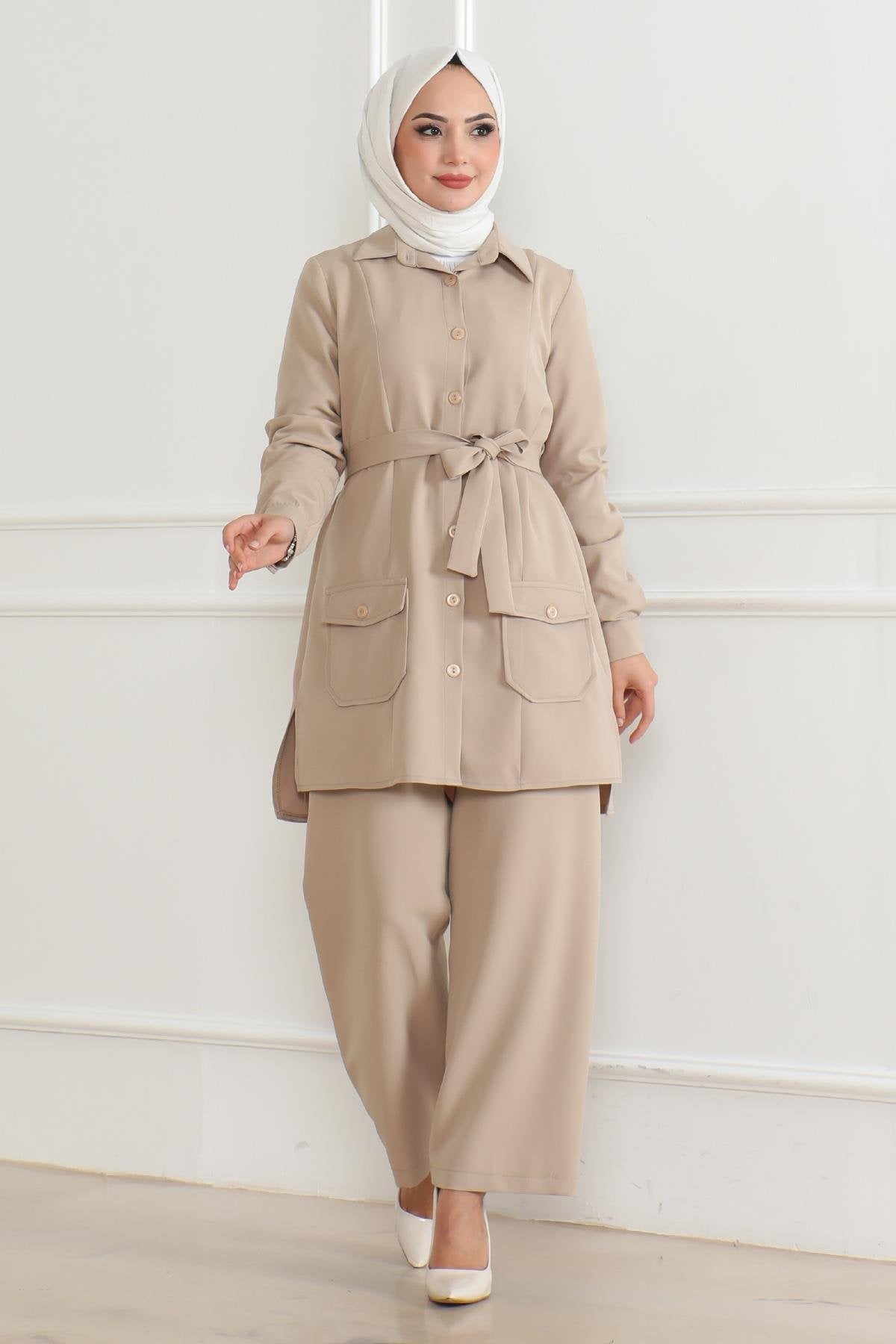 Button Detailed Suit Beige 19223