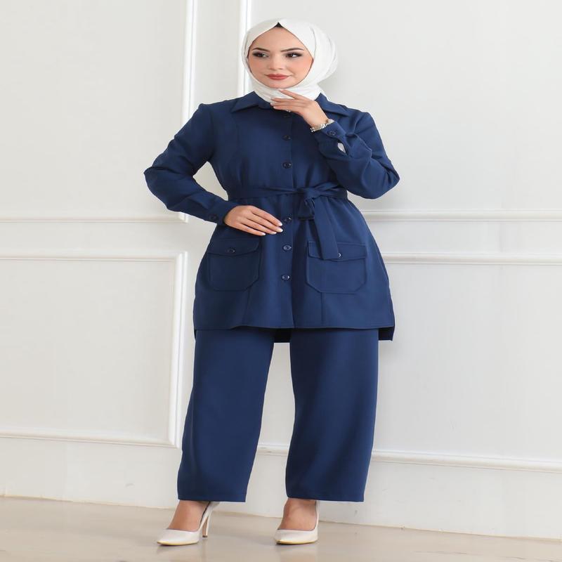Button Detailed Suit Indigo 19223