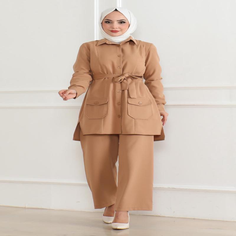 Button Detailed Suit Tan 19223