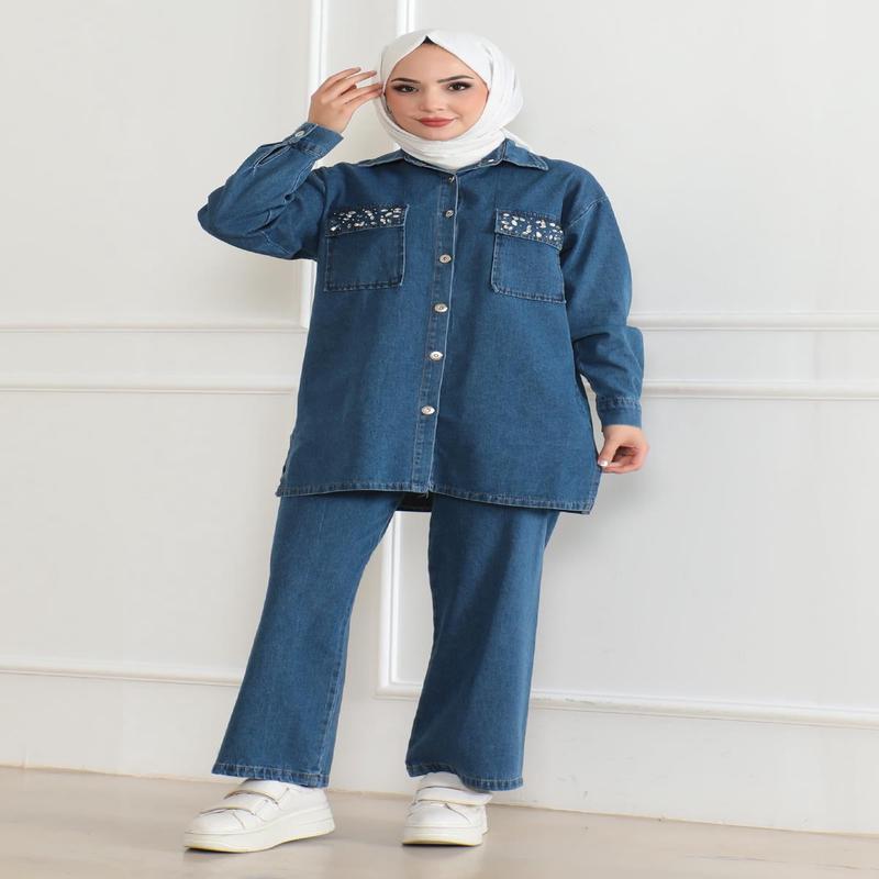 Buttoned Stone Detailed Denim Set Light Denim 19285