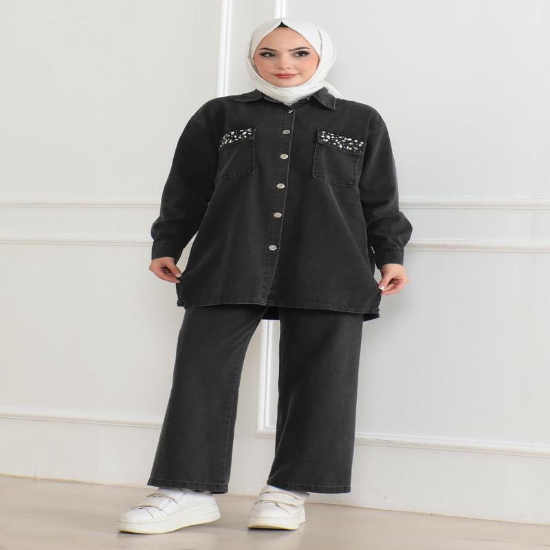 Buttoned Stone Detailed Denim Suit Smoke 19285