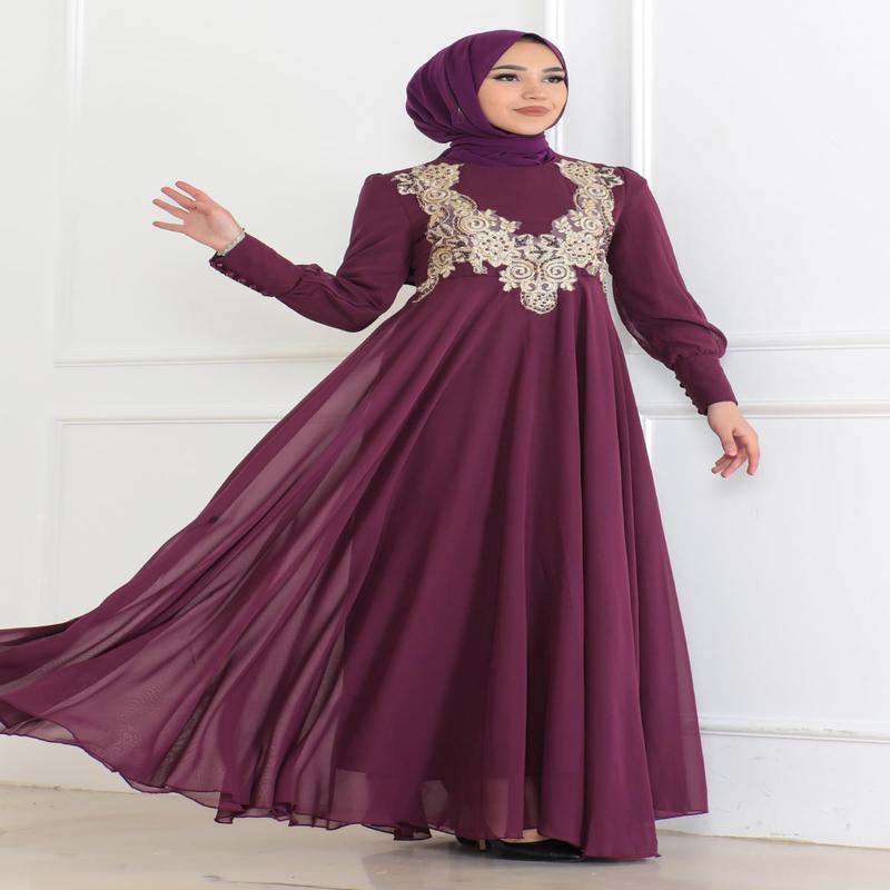 Lace Detailed Chiffon Evening Dress Plum 6113