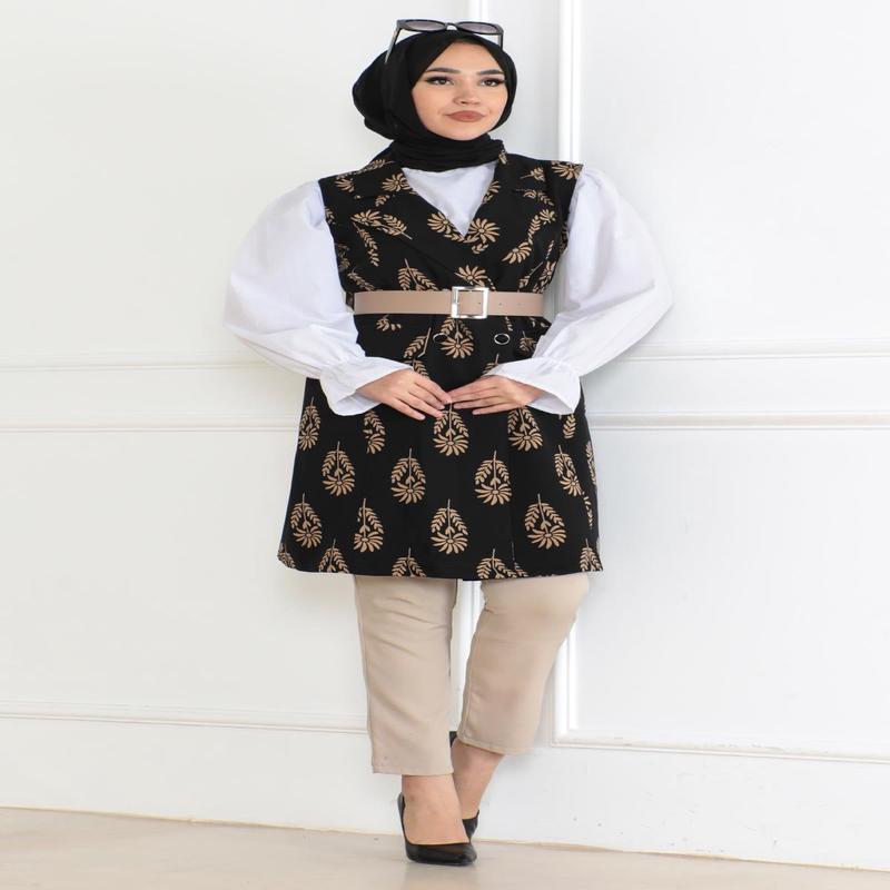 Patterned Hijab Jacket Black 6111