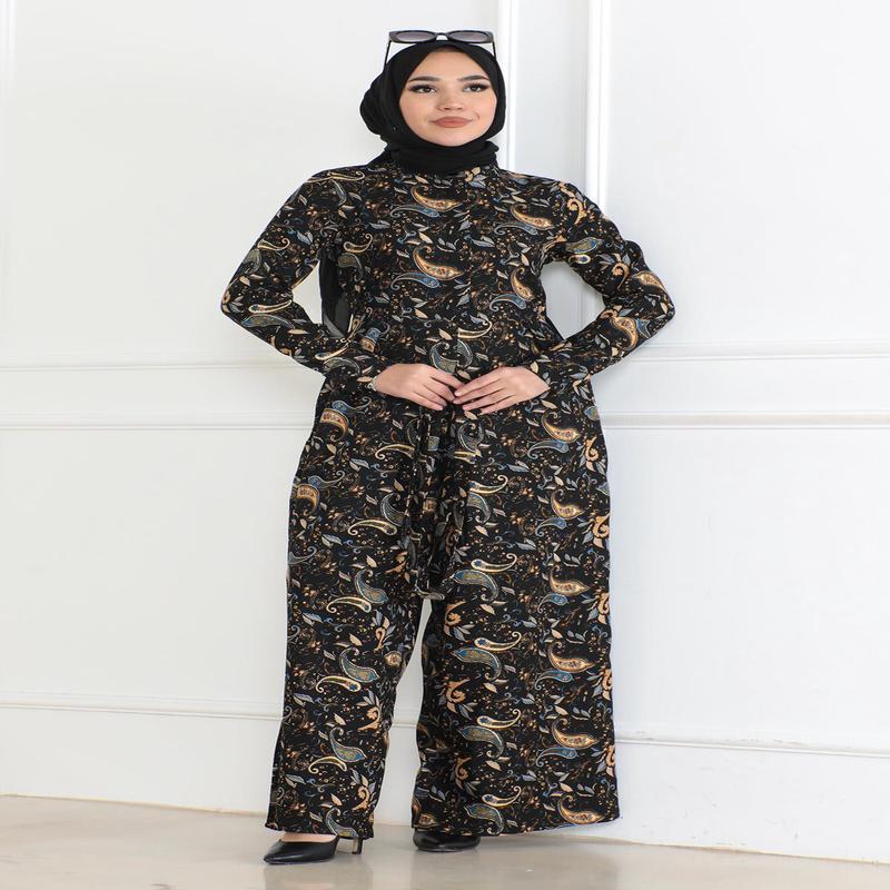 Patterned Hijab Overalls Dress Black 6112