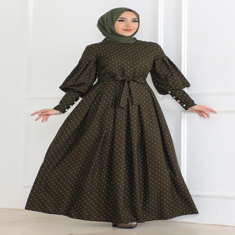 Belted Polka Dot Dress Khaki 6120