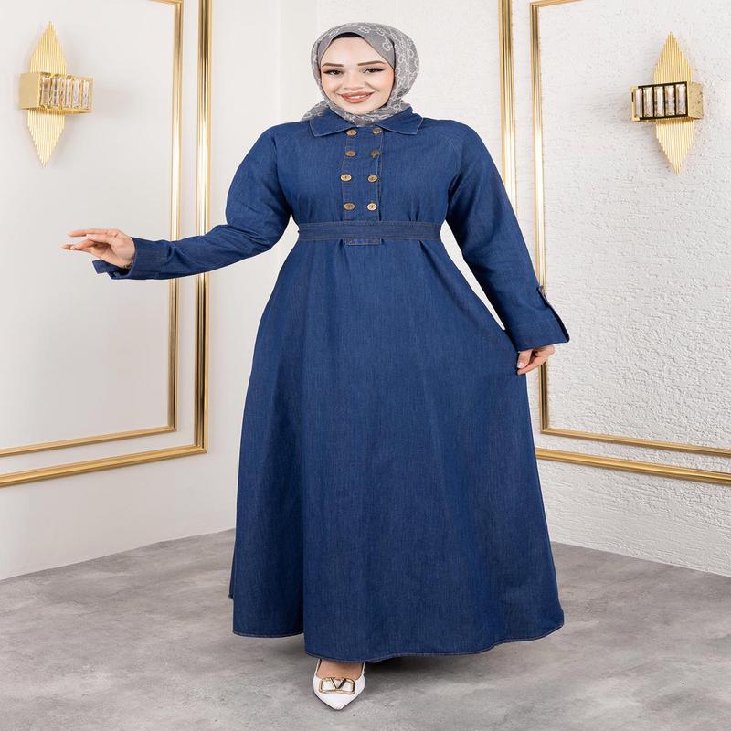 Button Detailed Denim Dress Dark Blue 19366
