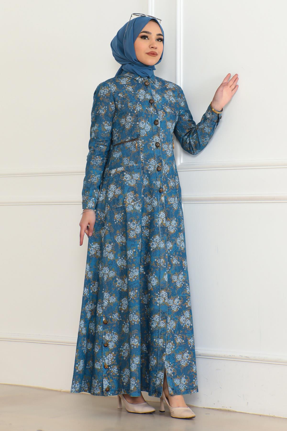 Button Detailed Denim Dress Light Blue 6128