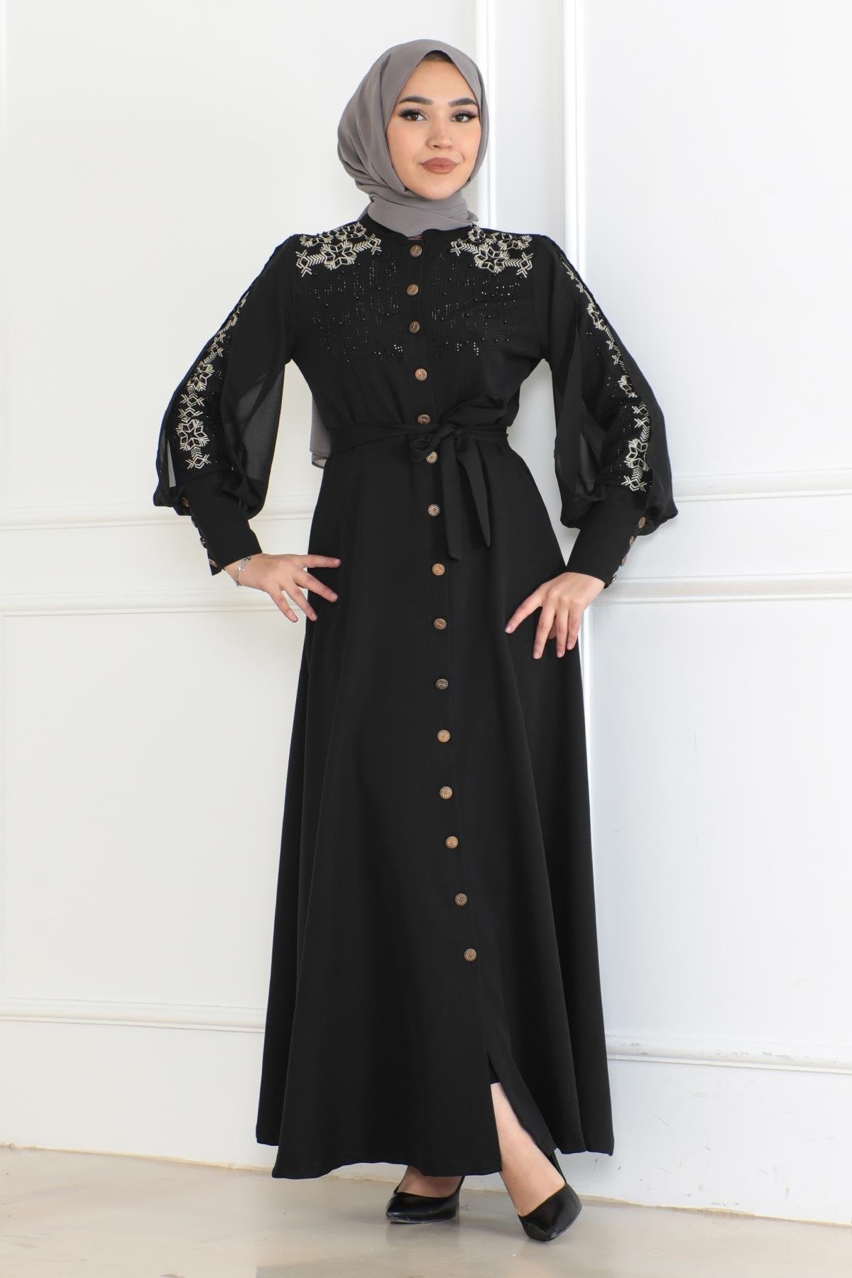 Button Detailed Dress Black 6118