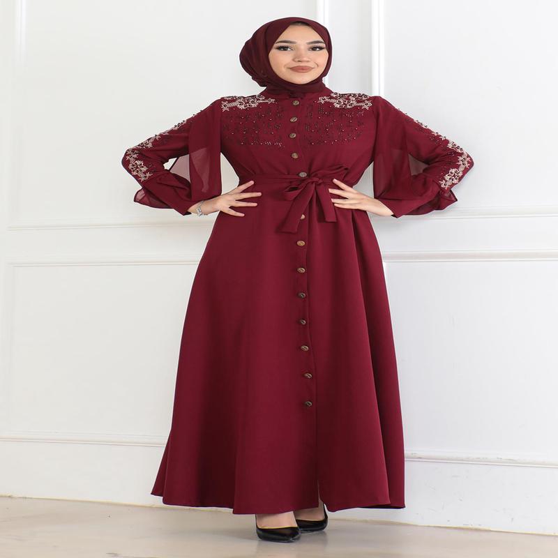 Button Detailed Dress Burgundy 6118