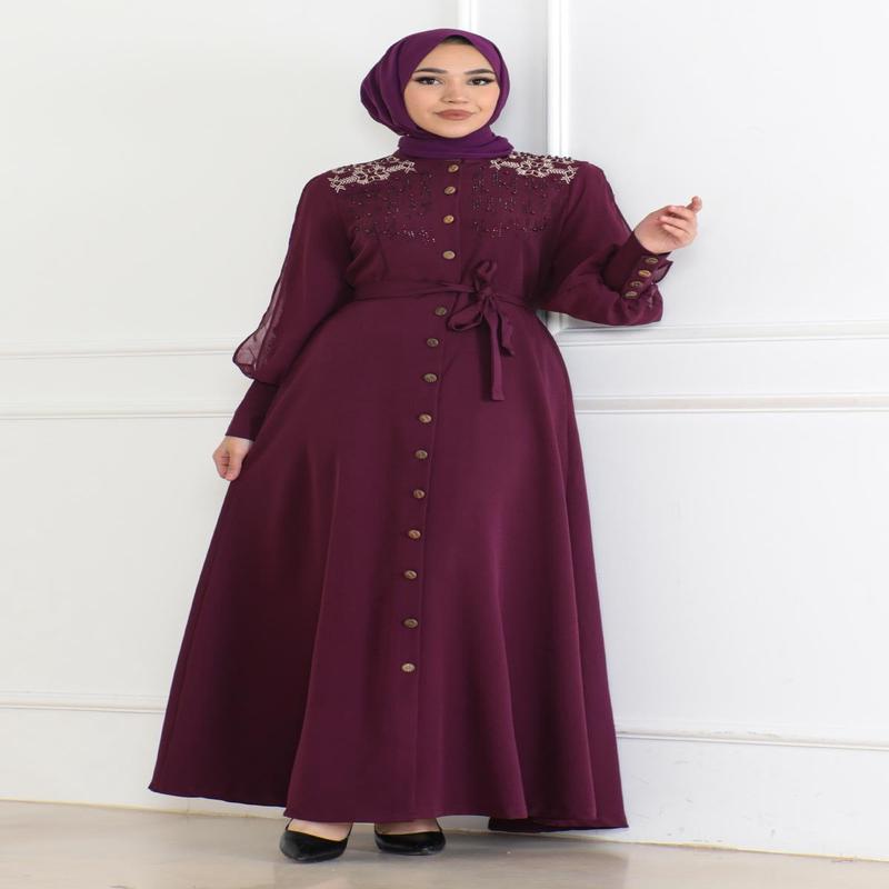 Button Detailed Dress Plum 6118