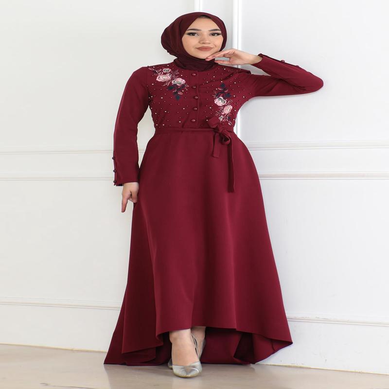 Embroidered Detailed Dress Burgundy 6119