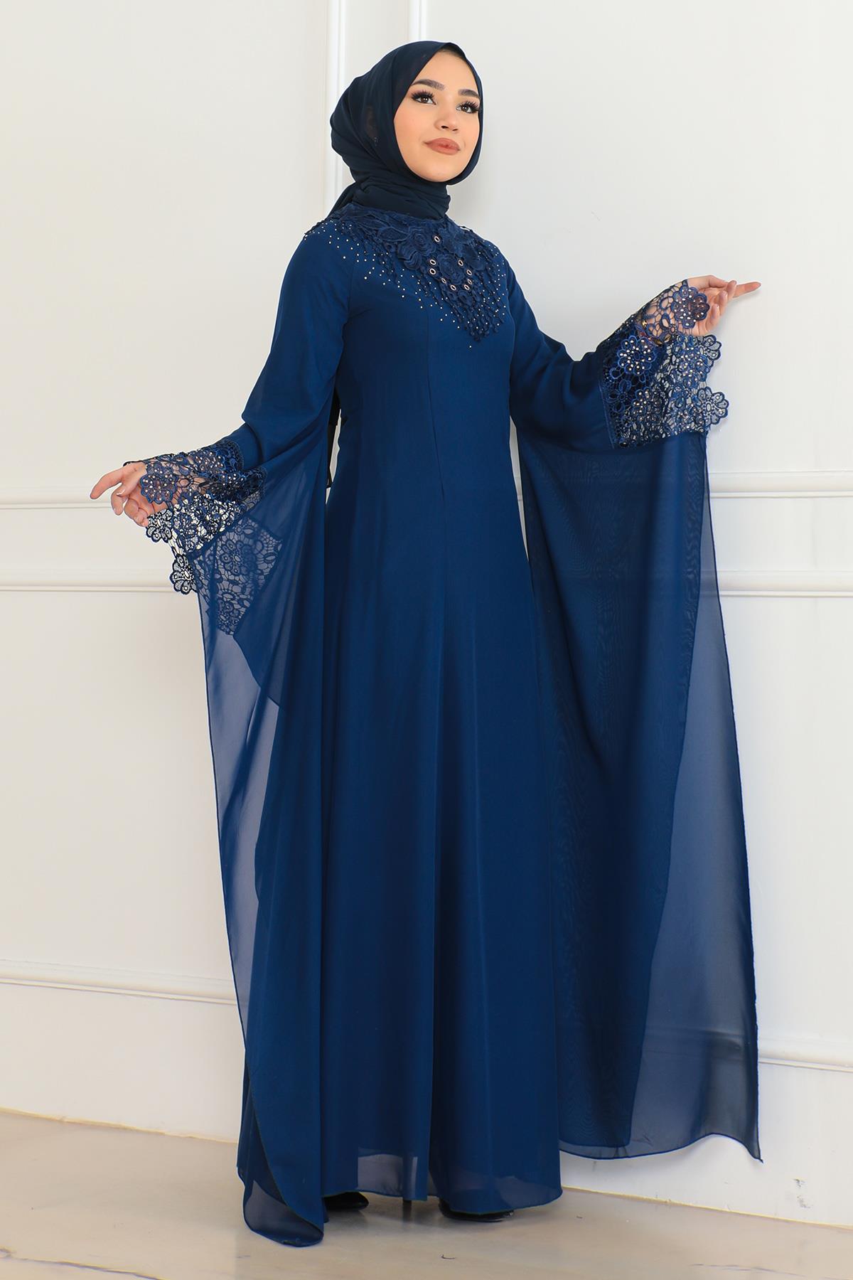 Lace Detailed Evening Dress Indigo 6127