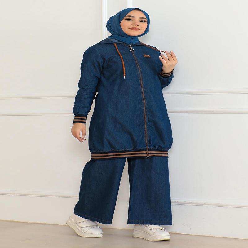 Zippered Ribbed Denim Suit Dark Blue 19363