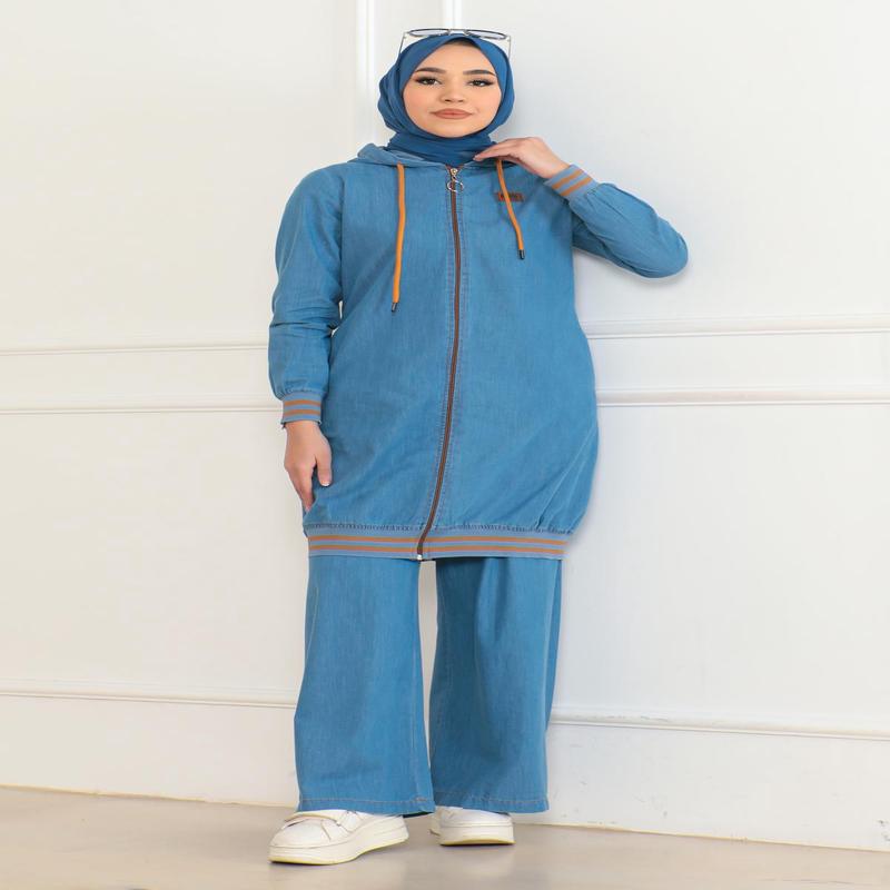 Zippered Ribbed Denim Suit Light Blue 19363