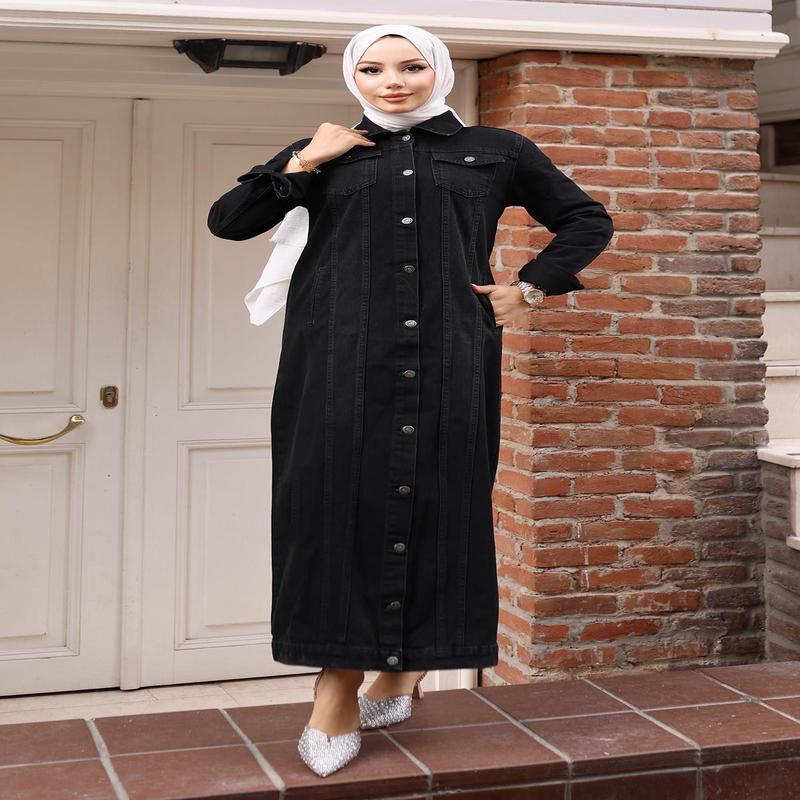 Button Detailed Denim Abaya Black 6122