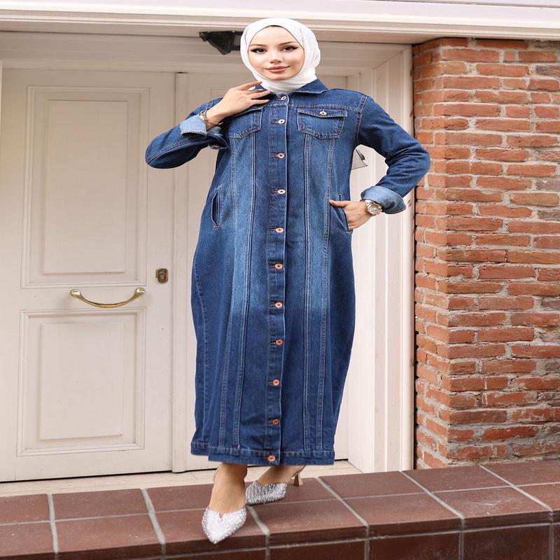 Button Detailed Denim Abaya Dark Blue 6122