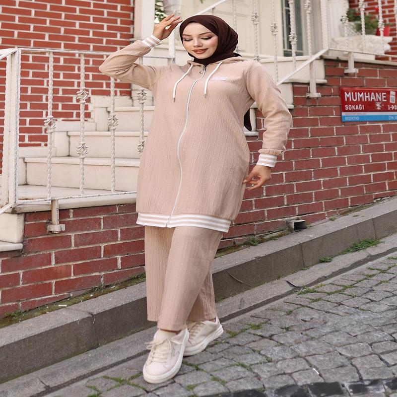 Zippered Ribbed Suit Beige 10405