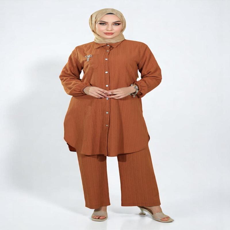 Buttoned Brooch Detailed Suit Tan 19178