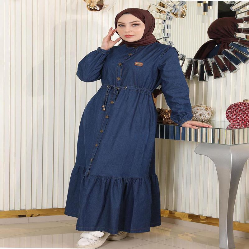 Tied Waist Buttoned Denim Dress Dark Blue 19193