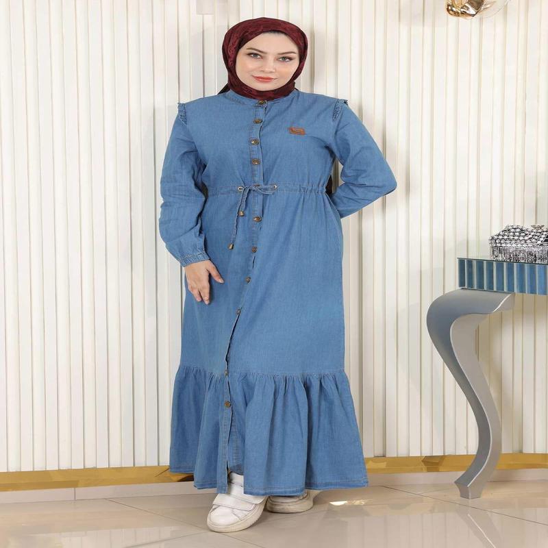 Waist-Tie Buttoned Denim Dress Light Blue 19193