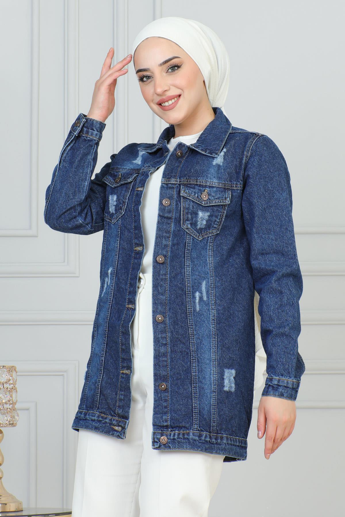 Denim Jacket With Laser Pocket Detail Dark Blue 6095