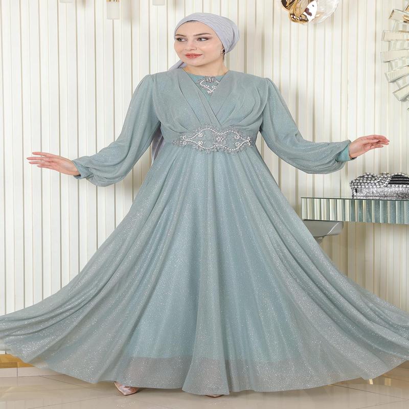 Draped Glitter Evening Dress With Pearl Details, Mint 19189