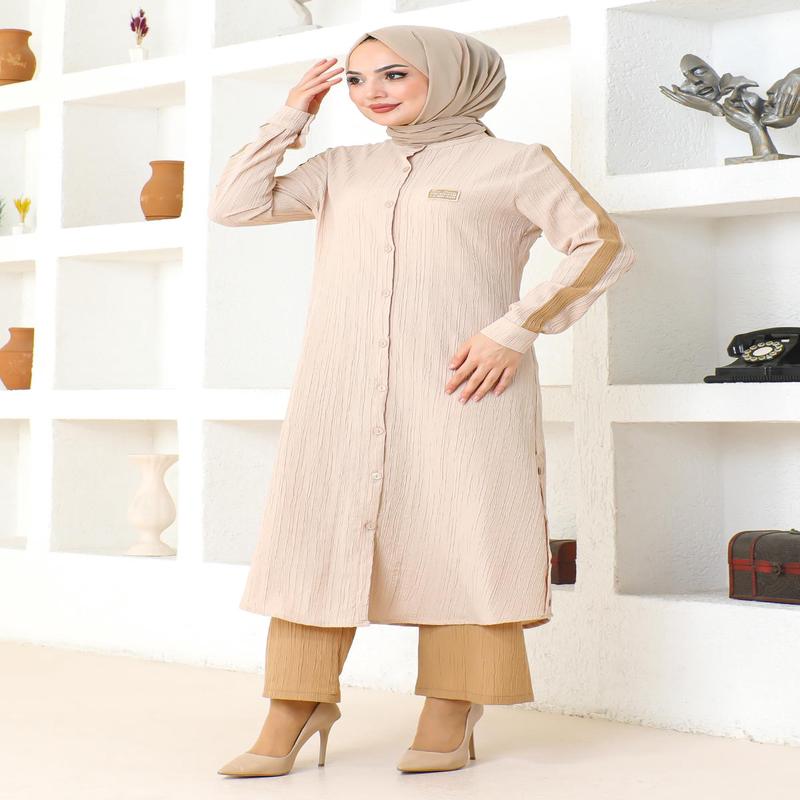 Emblem Detailed Buttoned Suit Beige 19194