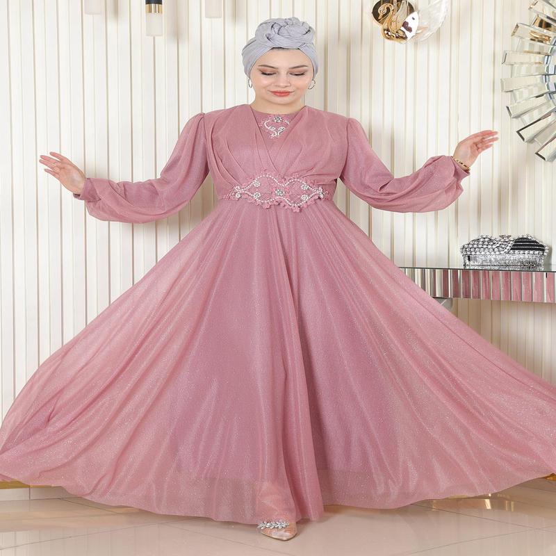 Pearl Detailed Draped Glitter Evening Dress Dusty Rose 19189