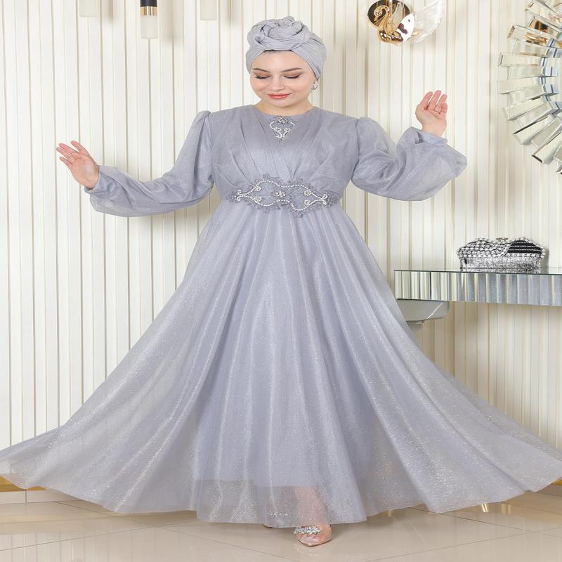 Pearl Detailed Draped Glittery Evening Dress Gray 19189