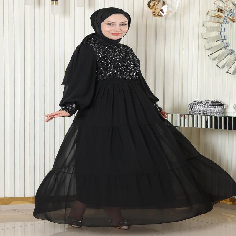 Sequined Chiffon Evening Dress Black 19187