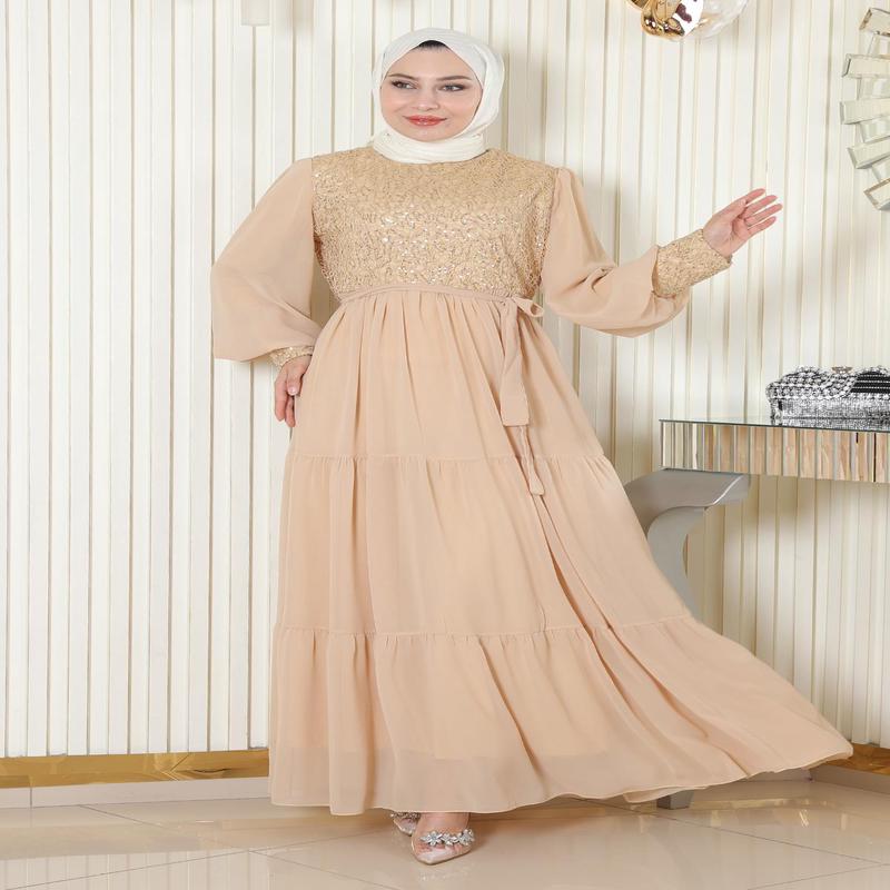 Sequined Chiffon Evening Dress Gold 19187