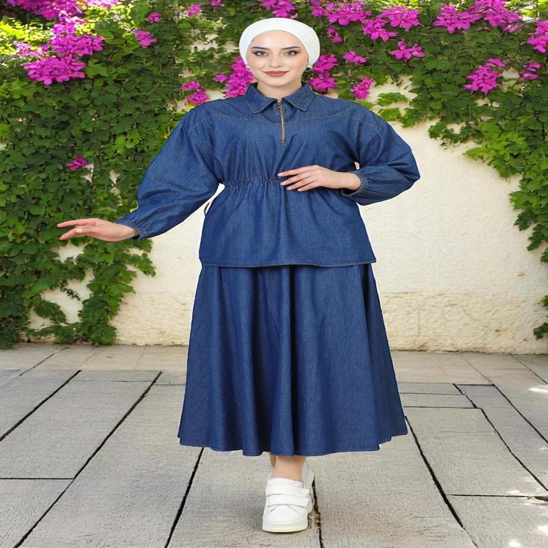 Waist Tie Detailed Skirted Denim Suit Dark Blue 19198