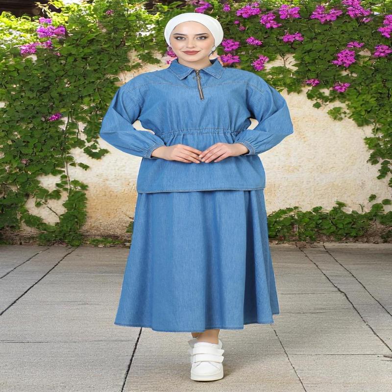 Waist Tie Detailed Skirted Denim Suit Light Blue 19198