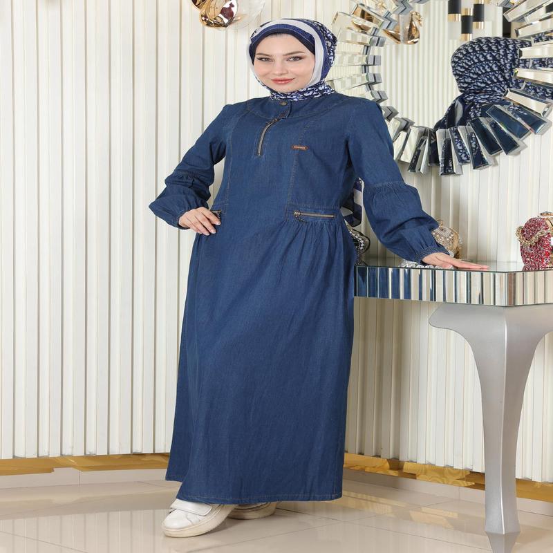Zipper Detailed Denim Dress Dark Blue 19138