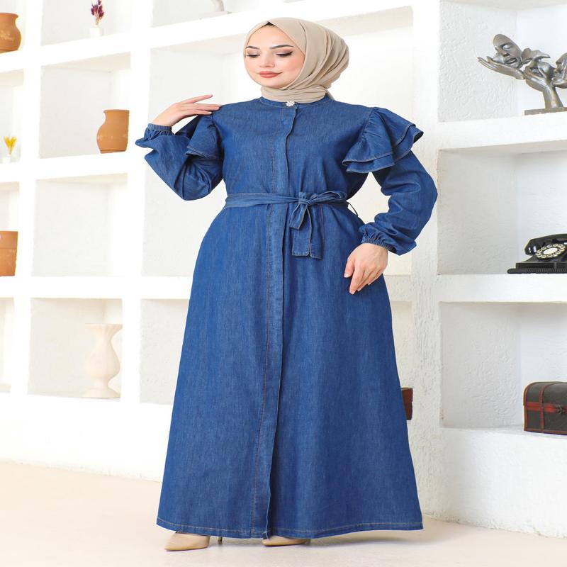 Frilled Shoulder Buttoned Abaya Dark Blue 19204