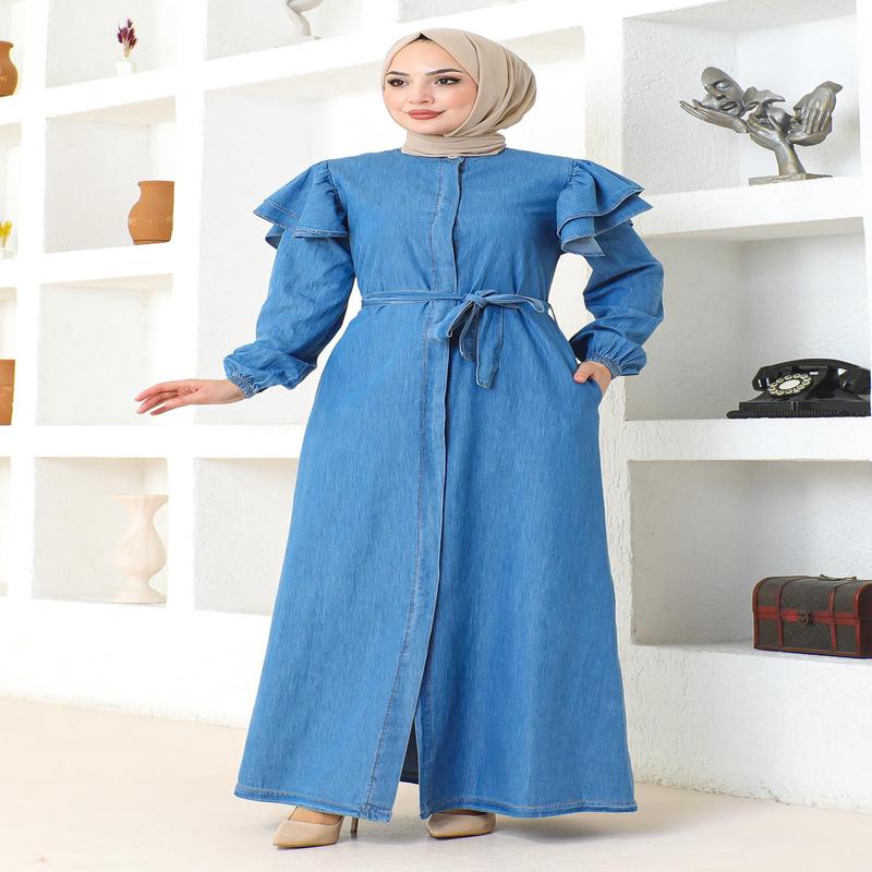 Frilled Shoulder Buttoned Abaya Light Blue 19204