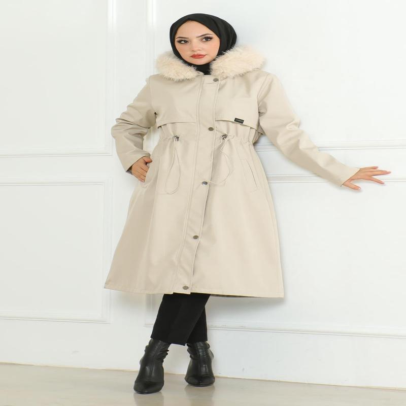 Hidden Zippered Hooded Coat Beige 19211
