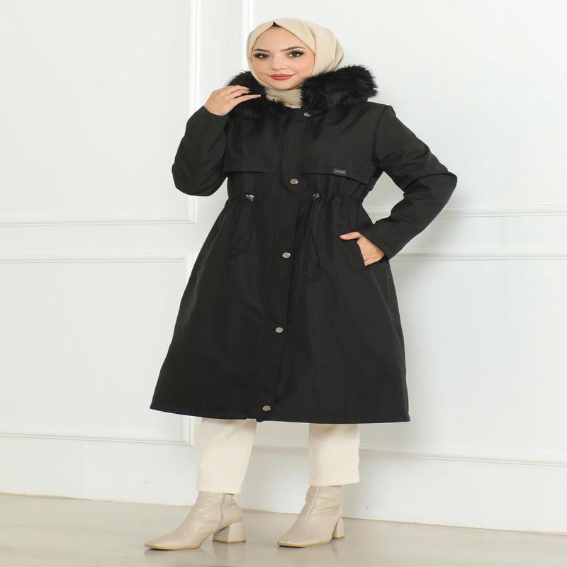 Hidden Zippered Hooded Coat Black 19211