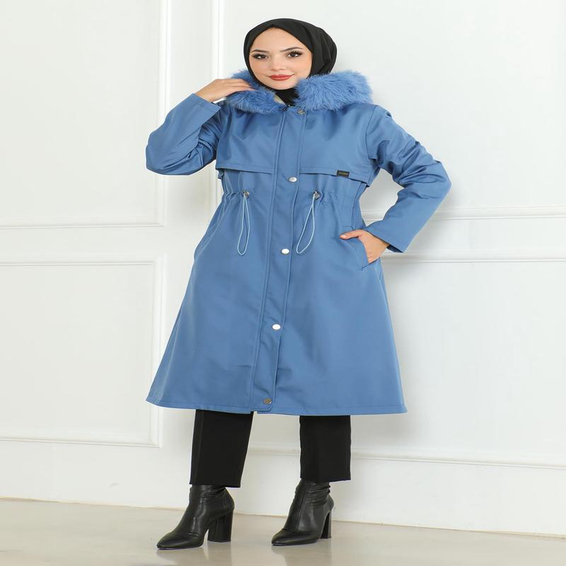 Hidden Zippered Hooded Coat Blue 19211