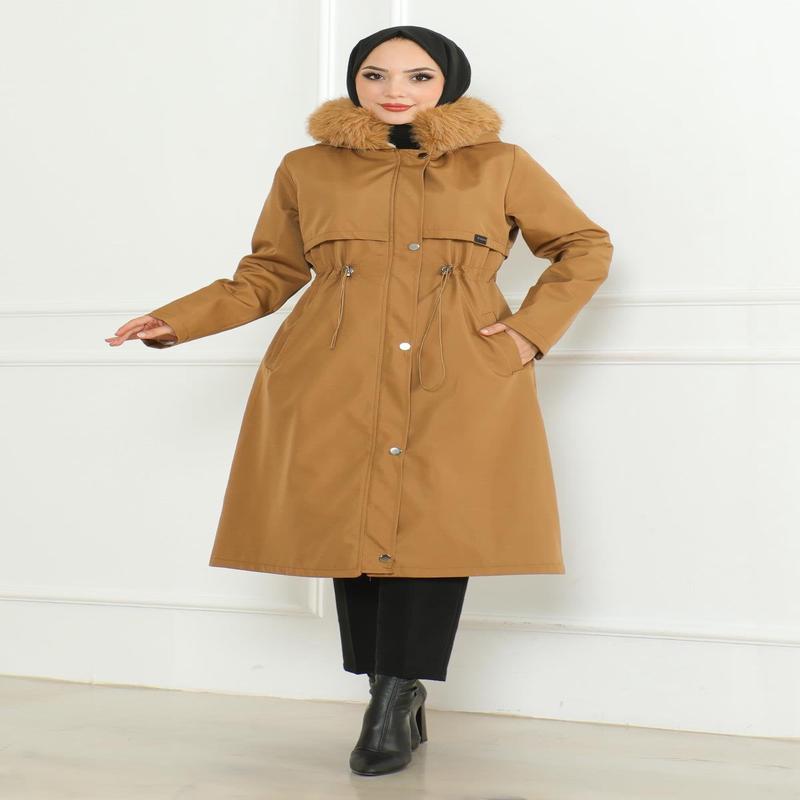 Hidden Zippered Hooded Coat Tan 19211