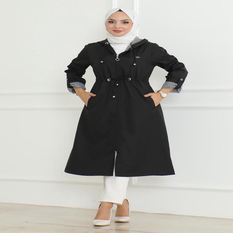 Hooded Zippered Trench Coat Black 19205