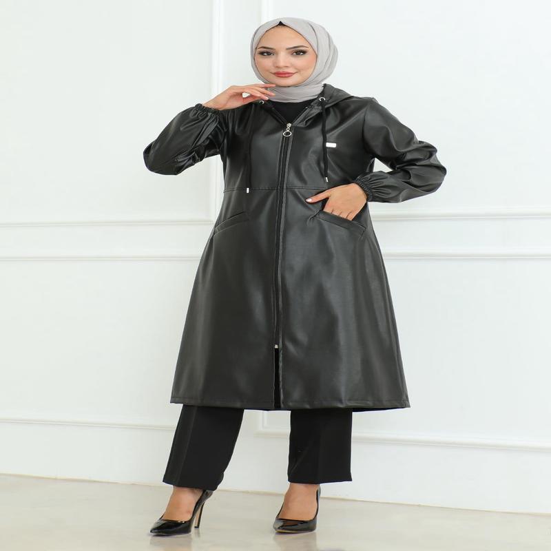 Leather Detailed Coat Black 19213